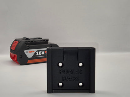 Bosch 18V battery and power rack on a grey background
