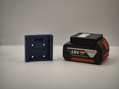 Bosch power tool battery and power rack on a grey background