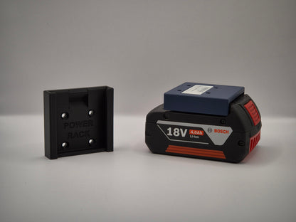 Bosch power tool battery and power rack on a gray background