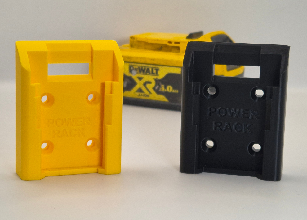 Yellow and black Power Rack battery holders on a white background